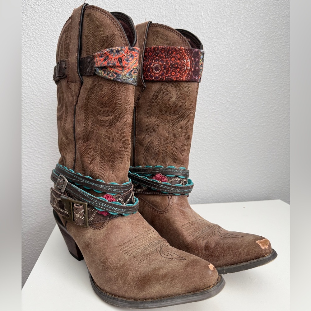 Durango Brown Heeled Boots with Multicolor Accents - Picture 2 of 5